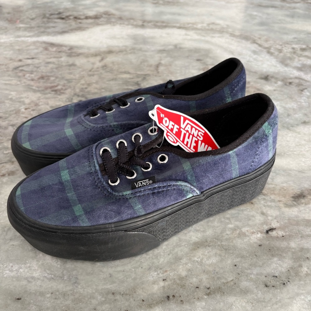 NWT Vans Authentic Stackform Velvet Plaid Green Blue Black Men 4.5 Women 6